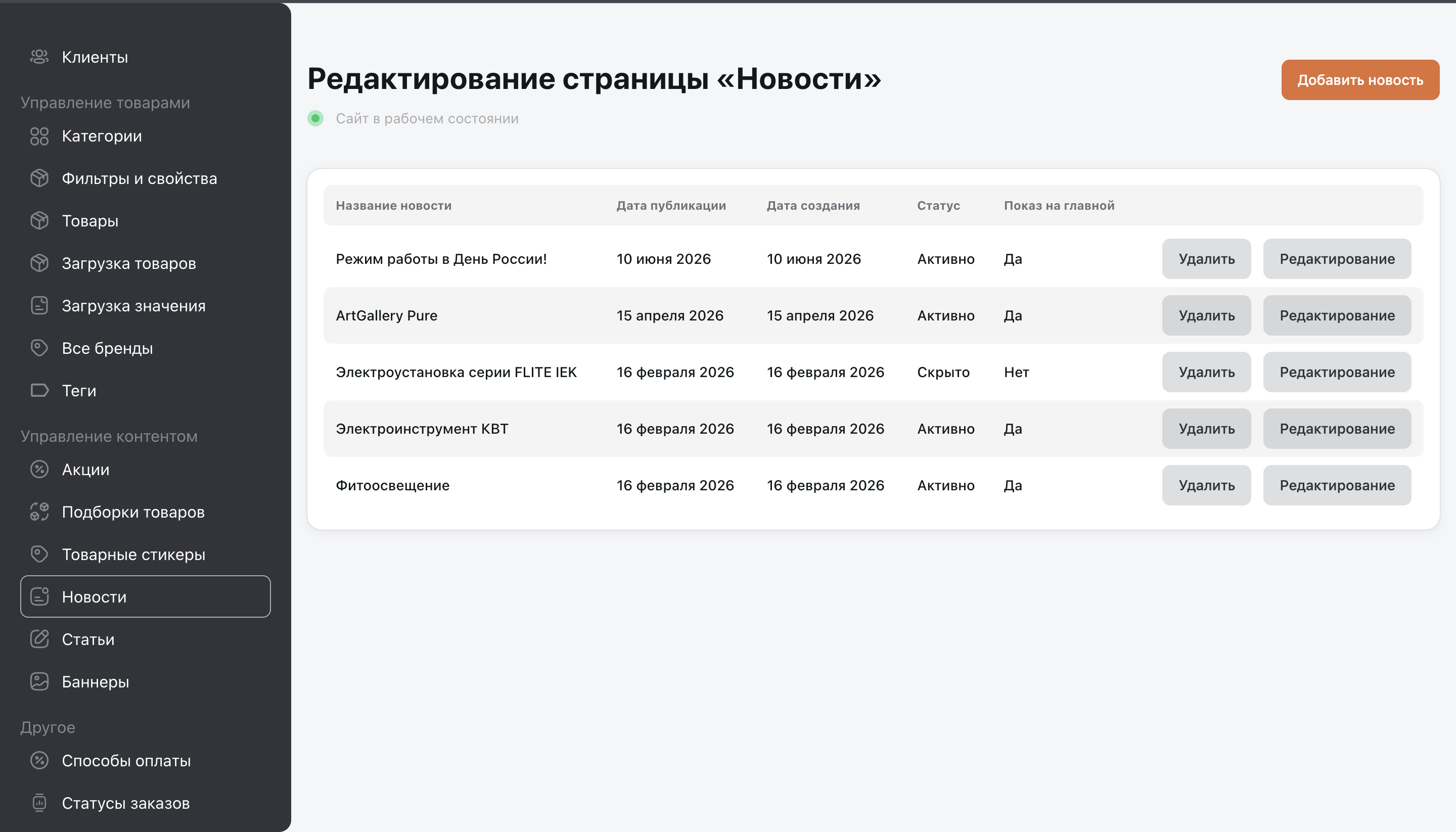 Редактор статей, новостей и акций в панели администратора